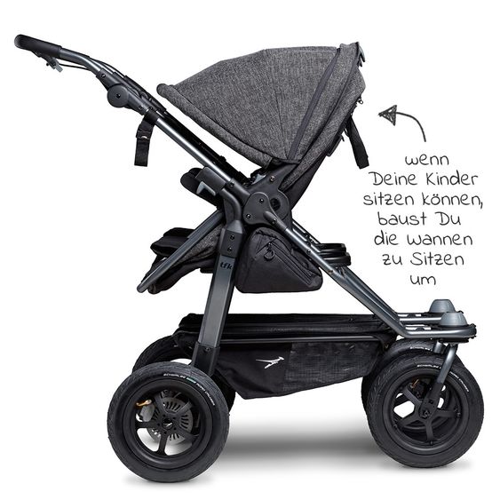 TFK Geschwister- & Zwillingskinderwagen Duo mit Lufreifen - 2x Kombi-Einheit (Wanne+Sitz) + XXL Zamboo Zubehör - Anthrazit