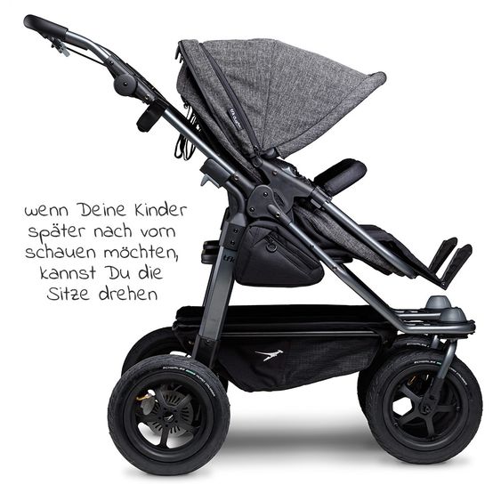 TFK Geschwister- & Zwillingskinderwagen Duo mit Lufreifen - 2x Kombi-Einheit (Wanne+Sitz) + XXL Zamboo Zubehör - Anthrazit
