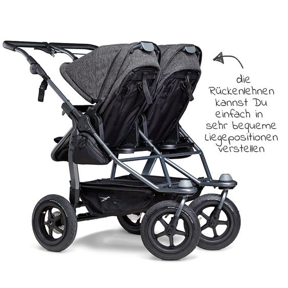 TFK Geschwister- & Zwillingskinderwagen Duo mit Lufreifen - 2x Kombi-Einheit (Wanne+Sitz) + XXL Zamboo Zubehör - Anthrazit
