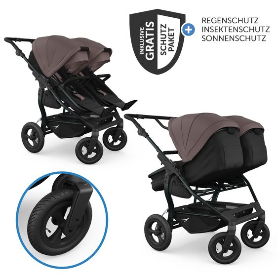 TFK Geschwister- & Zwillingskinderwagen Duo mit Luftreifen - 2x Kombi-Einheit (Wanne+Sitz) mit Liegeposition & XXL Zamboo Zubehör - Braun