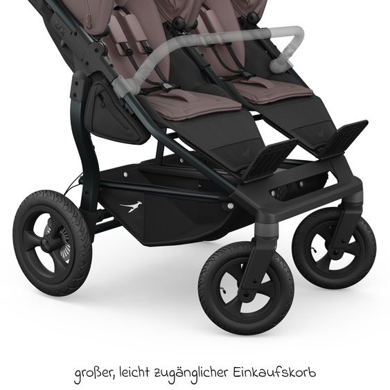 TFK Geschwister- & Zwillingskinderwagen Duo mit Luftreifen - 2x Kombi-Einheit (Wanne+Sitz) mit Liegeposition & XXL Zamboo Zubehör - Braun