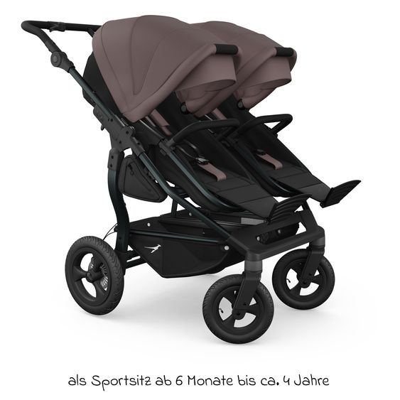TFK Geschwister- & Zwillingskinderwagen Duo mit Luftreifen - 2x Kombi-Einheit (Wanne+Sitz) mit Liegeposition & XXL Zamboo Zubehör - Braun