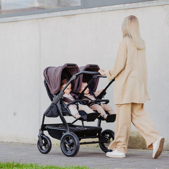 TFK Geschwister- & Zwillingskinderwagen Duo mit Luftreifen - 2x Kombi-Einheit (Wanne+Sitz) mit Liegeposition & XXL Zamboo Zubehör - Braun