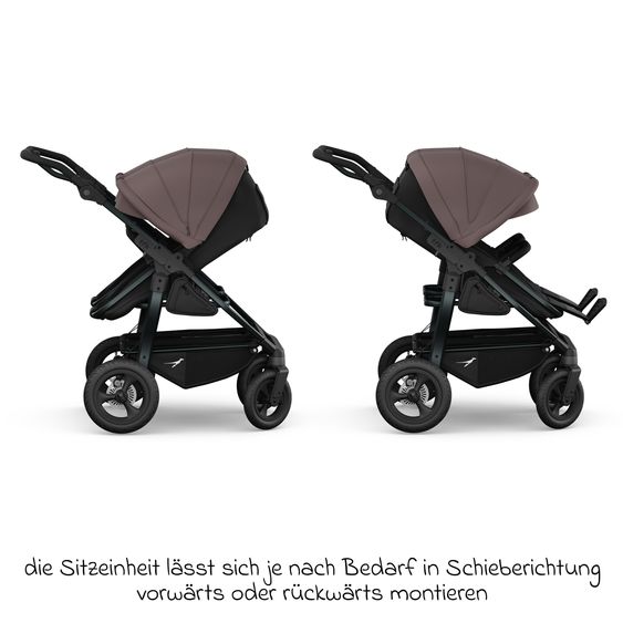 TFK Geschwister- & Zwillingskinderwagen Duo mit Luftreifen - 2x Kombi-Einheit (Wanne+Sitz) mit Liegeposition & XXL Zamboo Zubehör - Braun