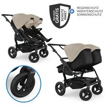 Geschwister- & Zwillingskinderwagen Duo mit Luftreifen - 2x Kombi-Einheit (Wanne+Sitz) mit Liegeposition & XXL Zamboo Zubehör - Sand