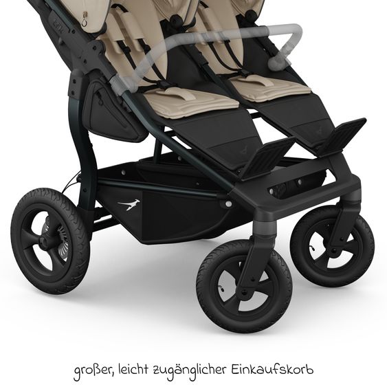 TFK Geschwister- & Zwillingskinderwagen Duo mit Luftreifen - 2x Kombi-Einheit (Wanne+Sitz) mit Liegeposition & XXL Zamboo Zubehör - Sand