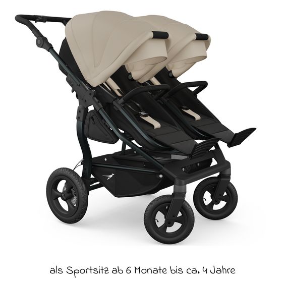 TFK Geschwister- & Zwillingskinderwagen Duo mit Luftreifen - 2x Kombi-Einheit (Wanne+Sitz) mit Liegeposition & XXL Zamboo Zubehör - Sand