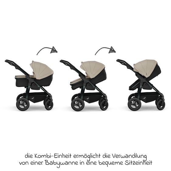 TFK Geschwister- & Zwillingskinderwagen Duo mit Luftreifen - 2x Kombi-Einheit (Wanne+Sitz) mit Liegeposition & XXL Zamboo Zubehör - Sand