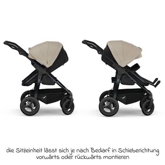 TFK Geschwister- & Zwillingskinderwagen Duo mit Luftreifen - 2x Kombi-Einheit (Wanne+Sitz) mit Liegeposition & XXL Zamboo Zubehör - Sand