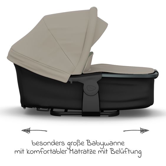 TFK Geschwister- & Zwillingskinderwagen Duo mit Luftreifen - 2x Kombi-Einheit (Wanne+Sitz) mit Liegeposition & XXL Zamboo Zubehör - Sand