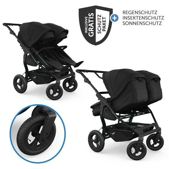 TFK Geschwister- & Zwillingskinderwagen Duo mit Luftreifen - 2x Kombi-Einheit (Wanne+Sitz) mit Liegeposition & XXL Zamboo Zubehör - Schwarz