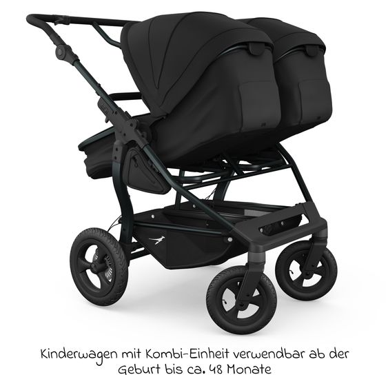 TFK Geschwister- & Zwillingskinderwagen Duo mit Luftreifen - 2x Kombi-Einheit (Wanne+Sitz) mit Liegeposition & XXL Zamboo Zubehör - Schwarz