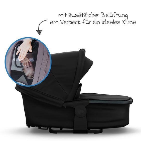 TFK Geschwister- & Zwillingskinderwagen Duo mit Luftreifen - 2x Kombi-Einheit (Wanne+Sitz) mit Liegeposition & XXL Zamboo Zubehör - Schwarz