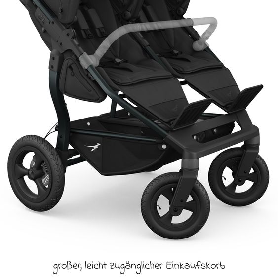 TFK Geschwister- & Zwillingskinderwagen Duo mit Luftreifen - 2x Kombi-Einheit (Wanne+Sitz) mit Liegeposition & XXL Zamboo Zubehör - Schwarz