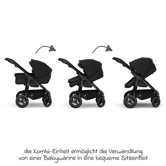 TFK Geschwister- & Zwillingskinderwagen Duo mit Luftreifen - 2x Kombi-Einheit (Wanne+Sitz) mit Liegeposition & XXL Zamboo Zubehör - Schwarz