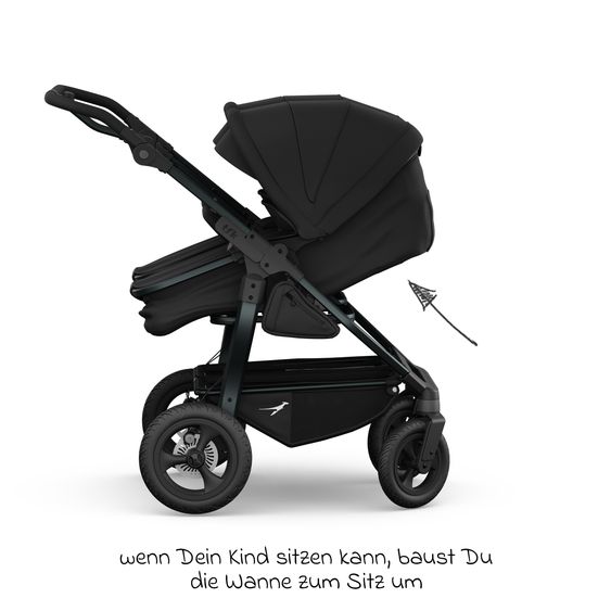 TFK Geschwister- & Zwillingskinderwagen Duo mit Luftreifen - 2x Kombi-Einheit (Wanne+Sitz) mit Liegeposition & XXL Zamboo Zubehör - Schwarz