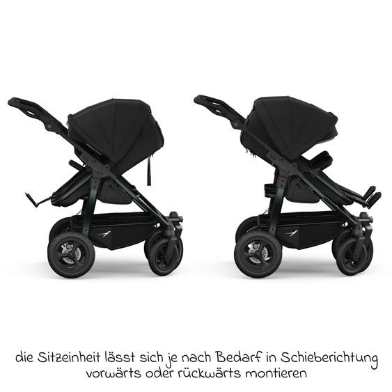 TFK Geschwister- & Zwillingskinderwagen Duo mit Luftreifen - 2x Kombi-Einheit (Wanne+Sitz) mit Liegeposition & XXL Zamboo Zubehör - Schwarz