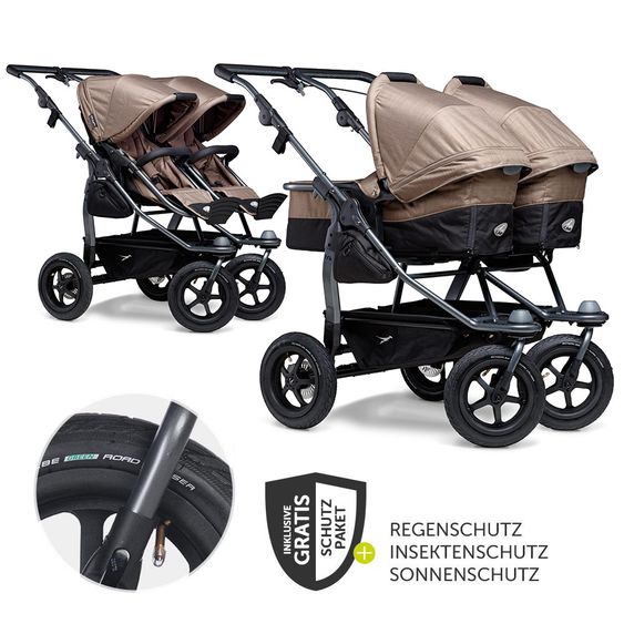TFK Geschwister- & Zwillingskinderwagen Duo mit Luftreifen - 2x Kombi-Einheit (Wanne+Sitz) + XXL Zamboo Zubehör - Braun