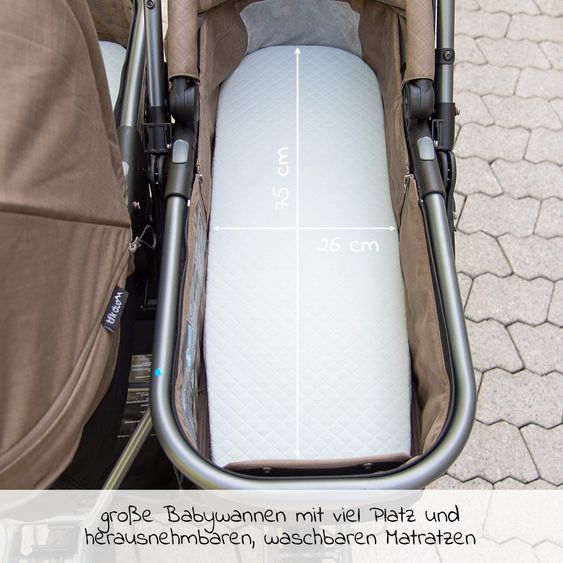 TFK Geschwister- & Zwillingskinderwagen Duo mit Luftreifen - 2x Kombi-Einheit (Wanne+Sitz) + XXL Zamboo Zubehör - Braun