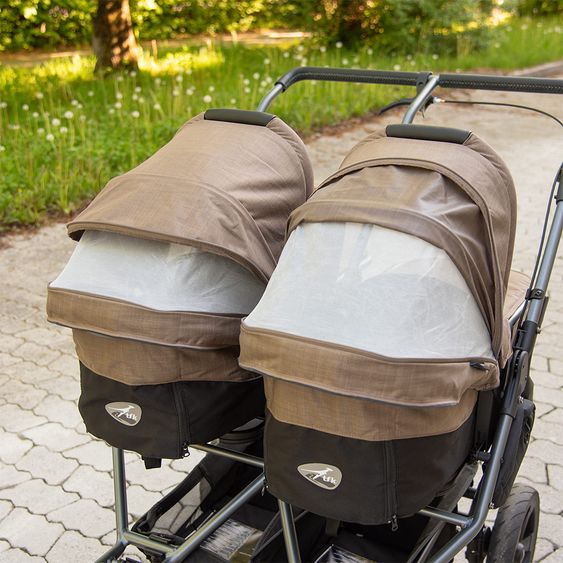 TFK Geschwister- & Zwillingskinderwagen Duo mit Luftreifen - 2x Kombi-Einheit (Wanne+Sitz) + XXL Zamboo Zubehör - Braun