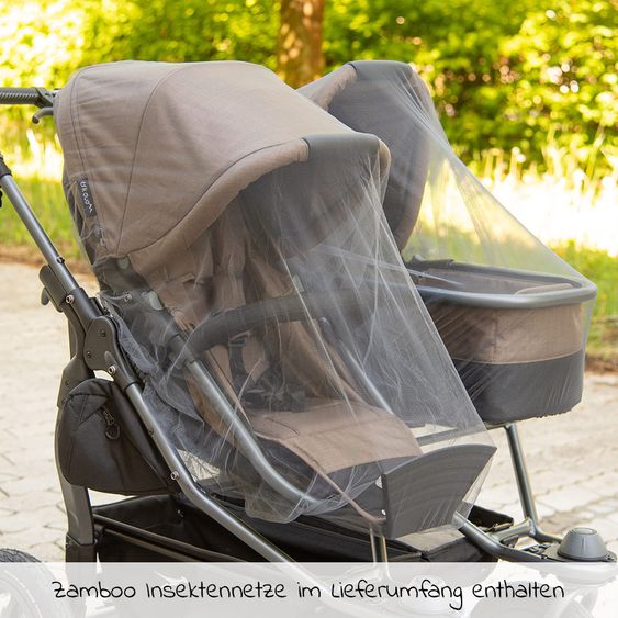 TFK Geschwister- & Zwillingskinderwagen Duo mit Luftreifen - 2x Kombi-Einheit (Wanne+Sitz) + XXL Zamboo Zubehör - Braun