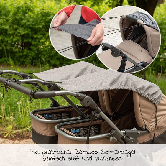TFK Geschwister- & Zwillingskinderwagen Duo mit Luftreifen - 2x Kombi-Einheit (Wanne+Sitz) + XXL Zamboo Zubehör - Braun