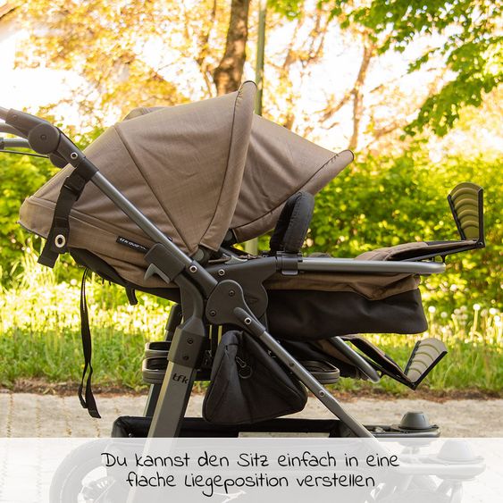 TFK Geschwister- & Zwillingskinderwagen Duo mit Luftreifen - 2x Kombi-Einheit (Wanne+Sitz) + XXL Zamboo Zubehör - Braun