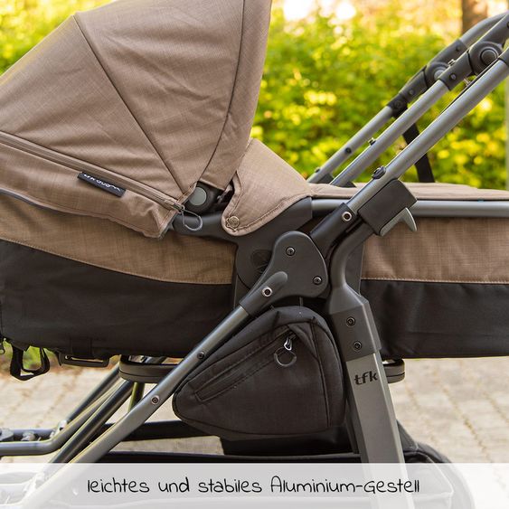 TFK Geschwister- & Zwillingskinderwagen Duo mit Luftreifen - 2x Kombi-Einheit (Wanne+Sitz) + XXL Zamboo Zubehör - Braun