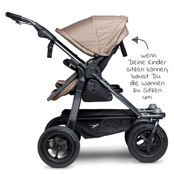 TFK Geschwister- & Zwillingskinderwagen Duo mit Luftreifen - 2x Kombi-Einheit (Wanne+Sitz) + XXL Zamboo Zubehör - Braun