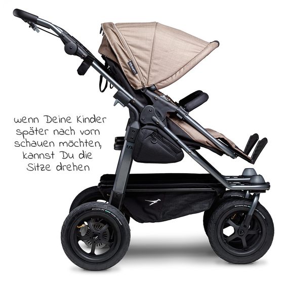 TFK Geschwister- & Zwillingskinderwagen Duo mit Luftreifen - 2x Kombi-Einheit (Wanne+Sitz) + XXL Zamboo Zubehör - Braun