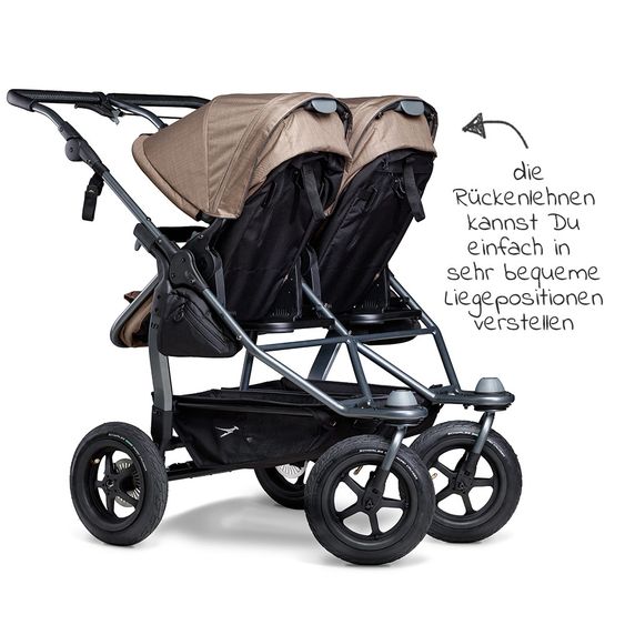 TFK Geschwister- & Zwillingskinderwagen Duo mit Luftreifen - 2x Kombi-Einheit (Wanne+Sitz) + XXL Zamboo Zubehör - Braun
