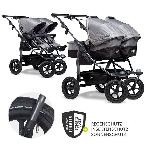 TFK Geschwister- & Zwillingskinderwagen Duo mit Luftreifen - 2x Kombi-Einheit (Wanne+Sitz) + XXL Zamboo Zubehör - Grau