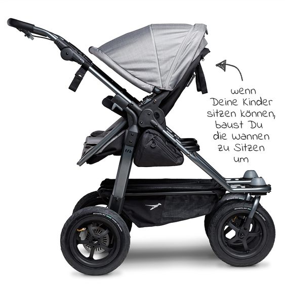 TFK Geschwister- & Zwillingskinderwagen Duo mit Luftreifen - 2x Kombi-Einheit (Wanne+Sitz) + XXL Zamboo Zubehör - Grau