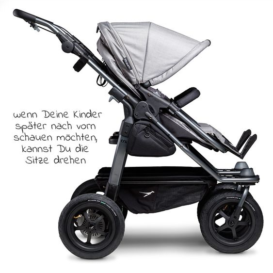 TFK Geschwister- & Zwillingskinderwagen Duo mit Luftreifen - 2x Kombi-Einheit (Wanne+Sitz) + XXL Zamboo Zubehör - Grau