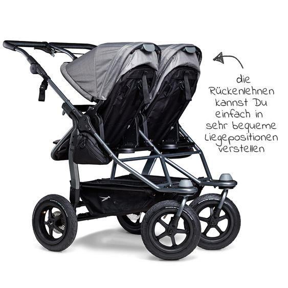 TFK Geschwister- & Zwillingskinderwagen Duo mit Luftreifen - 2x Kombi-Einheit (Wanne+Sitz) + XXL Zamboo Zubehör - Grau