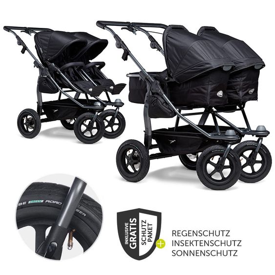 TFK Geschwister- & Zwillingskinderwagen Duo mit Luftreifen - 2x Kombi-Einheit (Wanne + Sitz) + XXL Zamboo Zubehör - Schwarz