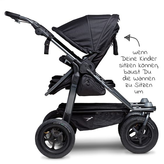TFK Geschwister- & Zwillingskinderwagen Duo mit Luftreifen - 2x Kombi-Einheit (Wanne + Sitz) + XXL Zamboo Zubehör - Schwarz