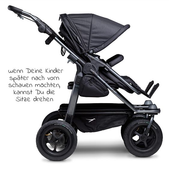 TFK Geschwister- & Zwillingskinderwagen Duo mit Luftreifen - 2x Kombi-Einheit (Wanne + Sitz) + XXL Zamboo Zubehör - Schwarz