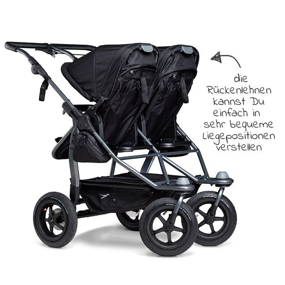 TFK Geschwister- & Zwillingskinderwagen Duo mit Luftreifen - 2x Kombi-Einheit (Wanne + Sitz) + XXL Zamboo Zubehör - Schwarz