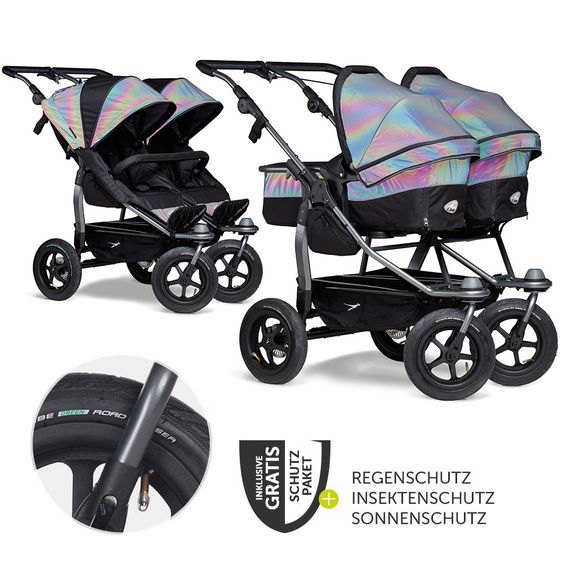TFK Geschwister- & Zwillingskinderwagen Duo mit Luftreifen - 2x Kombi-Einheit (Wanne+Sitz) + XXL Zubehörpaket - Glow