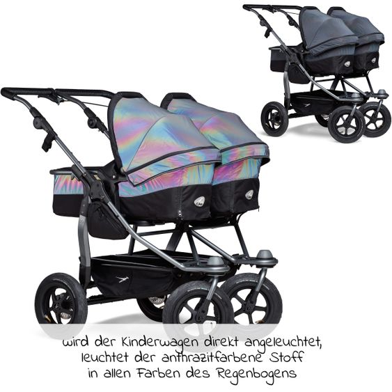 TFK Geschwister- & Zwillingskinderwagen Duo mit Luftreifen - 2x Kombi-Einheit (Wanne+Sitz) + XXL Zubehörpaket - Glow