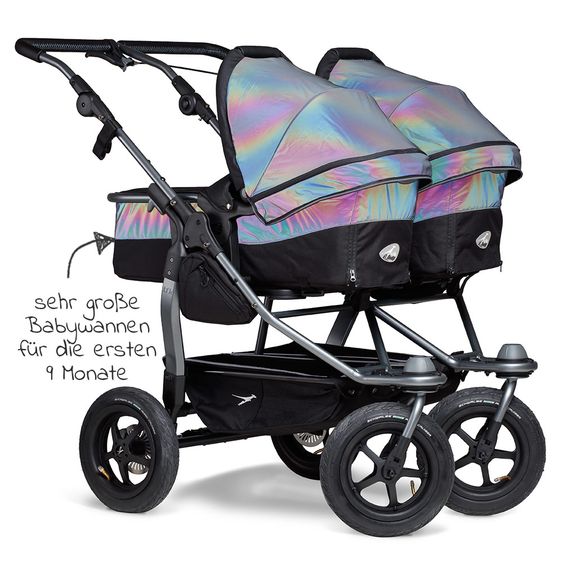 TFK Geschwister- & Zwillingskinderwagen Duo mit Luftreifen - 2x Kombi-Einheit (Wanne+Sitz) + XXL Zubehörpaket - Glow