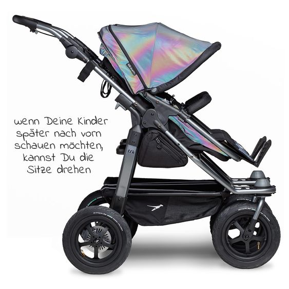 TFK Geschwister- & Zwillingskinderwagen Duo mit Luftreifen - 2x Kombi-Einheit (Wanne+Sitz) + XXL Zubehörpaket - Glow