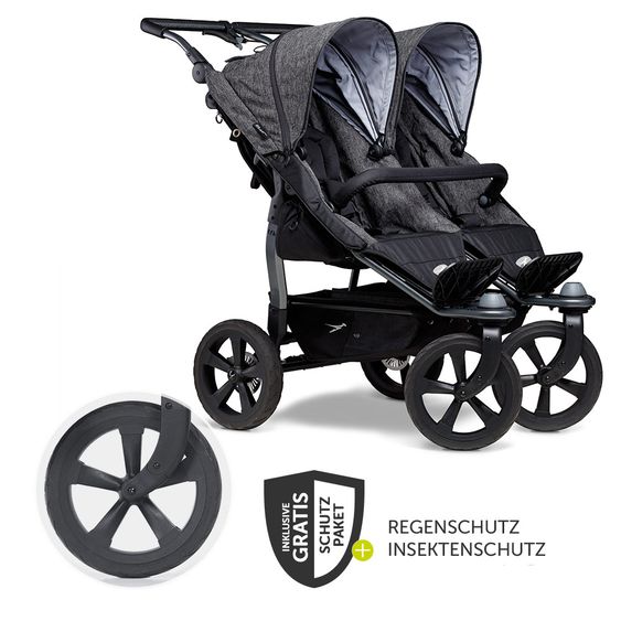 TFK Geschwister- & Zwillingsportwagen Duo mit Luftkammerreifen- 2x Sportsitze  bis 45 kg + XXL  Zubehörpaket - Anthrazit