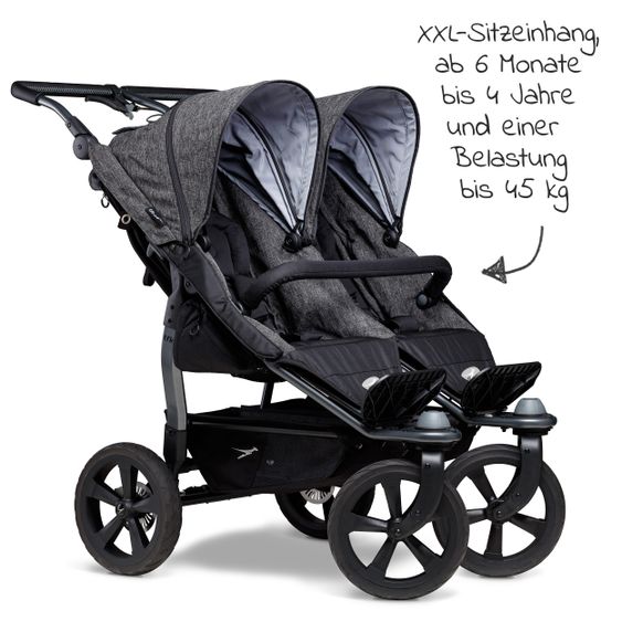 TFK Geschwister- & Zwillingsportwagen Duo mit Luftkammerreifen- 2x Sportsitze  bis 45 kg + XXL  Zubehörpaket - Anthrazit