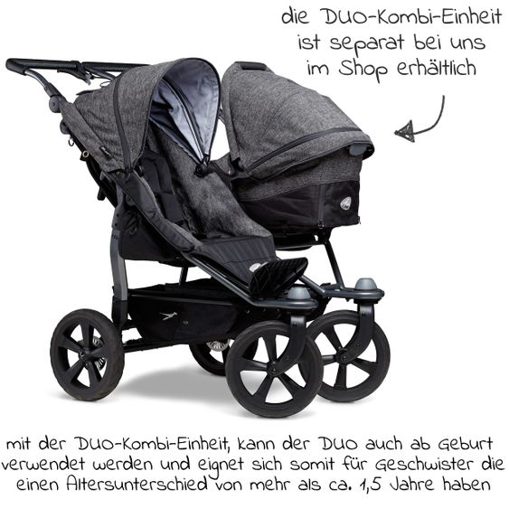 TFK Geschwister- & Zwillingsportwagen Duo mit Luftkammerreifen- 2x Sportsitze  bis 45 kg + XXL  Zubehörpaket - Anthrazit