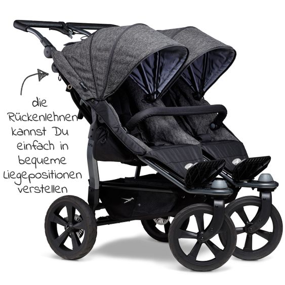 TFK Geschwister- & Zwillingsportwagen Duo mit Luftkammerreifen- 2x Sportsitze  bis 45 kg + XXL  Zubehörpaket - Anthrazit