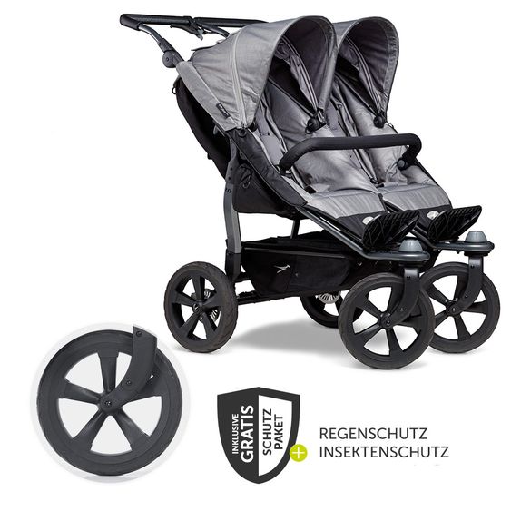 TFK Geschwister- & Zwillingsportwagen Duo mit Luftkammerreifen - 2x Sportsitze  bis 45 kg + XXL  Zubehörpaket - Grau