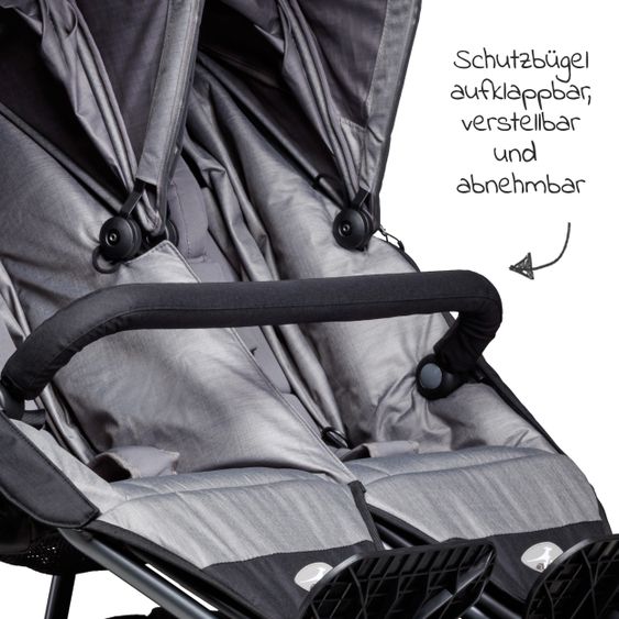 TFK Geschwister- & Zwillingsportwagen Duo mit Luftkammerreifen - 2x Sportsitze  bis 45 kg + XXL  Zubehörpaket - Grau