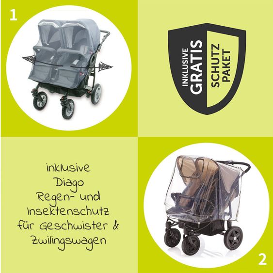 TFK Geschwister- & Zwillingsportwagen Duo mit Luftkammerreifen - 2x Sportsitze  bis 45 kg + XXL  Zubehörpaket - Grau